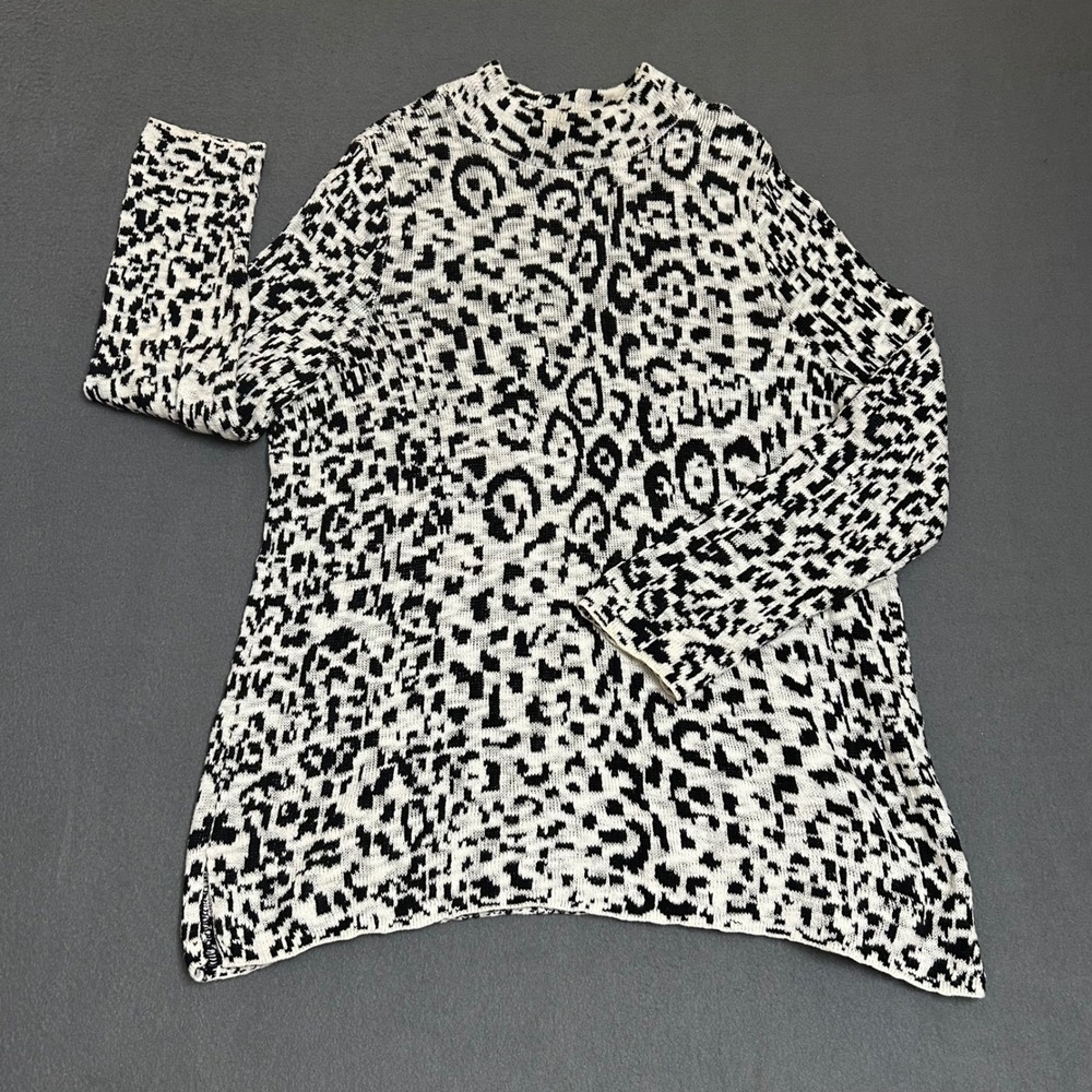 Chico's Sweater Women 3 XL Black White Animal Print Mock Neck Cotton Knit Tunic